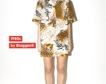 VINTAGE Animal Print Mini Kleid aus 1980er Jahren | Hemdkleid mit kurzen Ärmeln