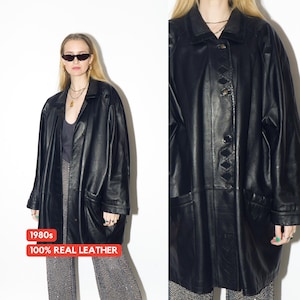 Blouson en cuir noir VINTAGE des années 1990 | Veste oversize en cuir rétro de qualité