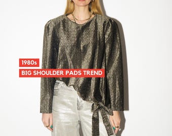 VINTAGE Gold Metallic Blouse from 1980s | Bow Detail & Big Shoulder Pads Blouse