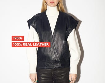 VINTAGE Black Leather Vest from 1980s | Oversized Black Leather Waistcoat