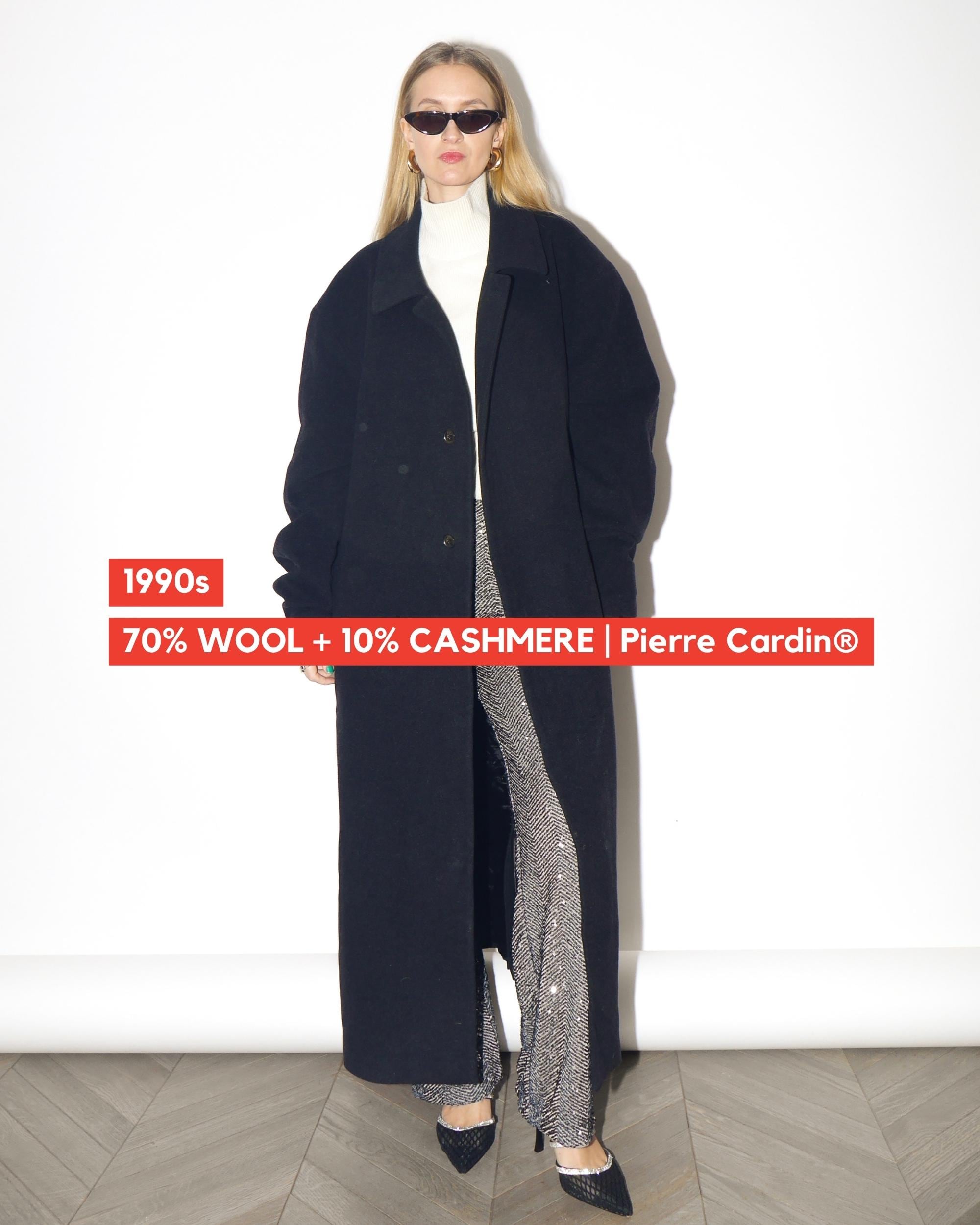VINTAGE Black Wool Maxi Coat From 1990s by Pierre Cardin® With