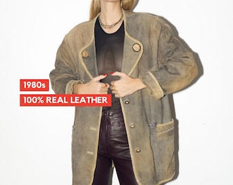 VINTAGE leather suede beige jacket 1980s | beige vintage leather blazer | retro leather jacket | vintage leather jacket | oversize jacket