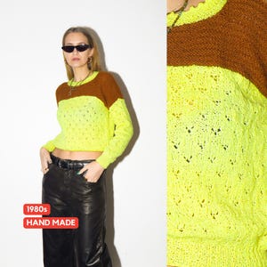 VINTAGE Neon Yellow Hand Knit Sweater from 1980s | Chunky Oversized Sweater