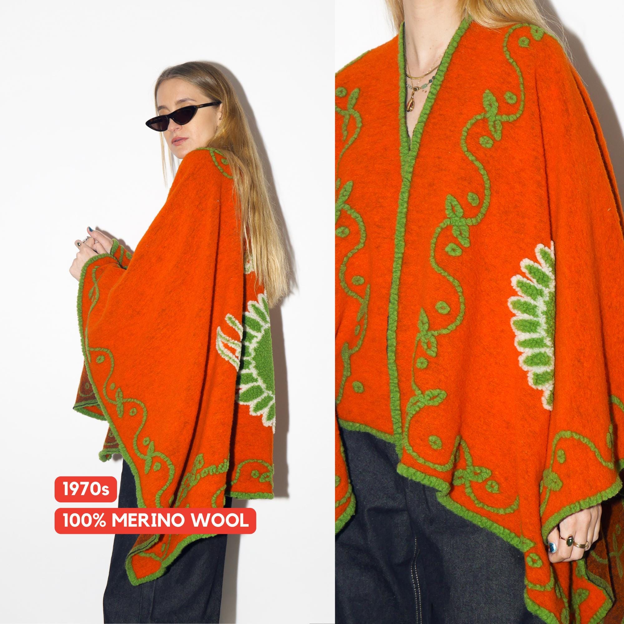 VINTAGE Wool Poncho From 1970s | Hippie Orange and Green