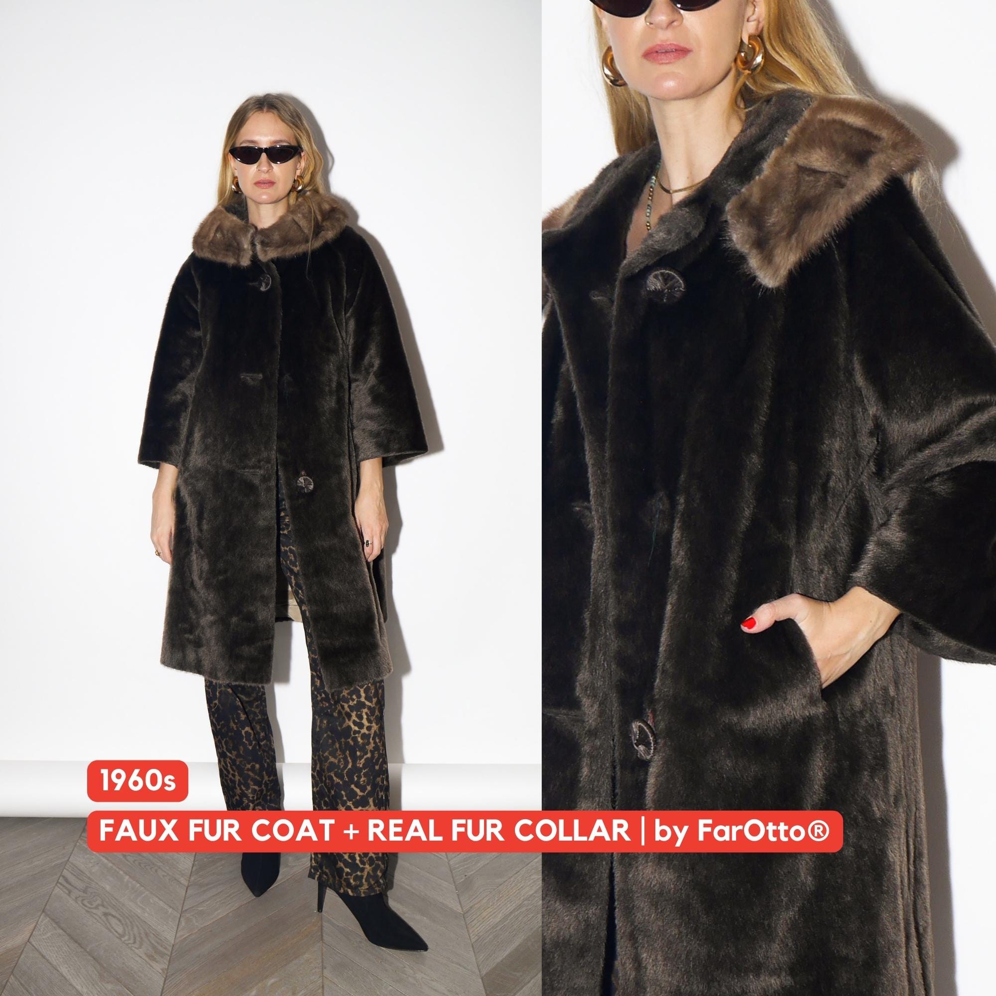 1960年代のヴィンテージフェイクファーコート。本物のミンクファーの襟