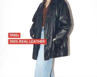 VINTAGE Black Leather Jacket from 1980s | Oversize Insulated Leather Jacket