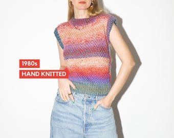 VINTAGE regnbågsfärgad handstickad väst från 1980-talet