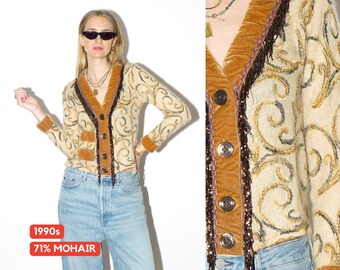 Cardigan VINTAGE en mohair beige des années 1990 avec broderie de perles, éléments en velours