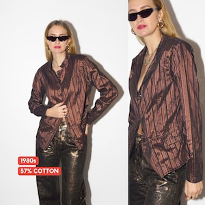 VINTAGE blazer in shiny striped brown cotton fabric from 1980s by JOY