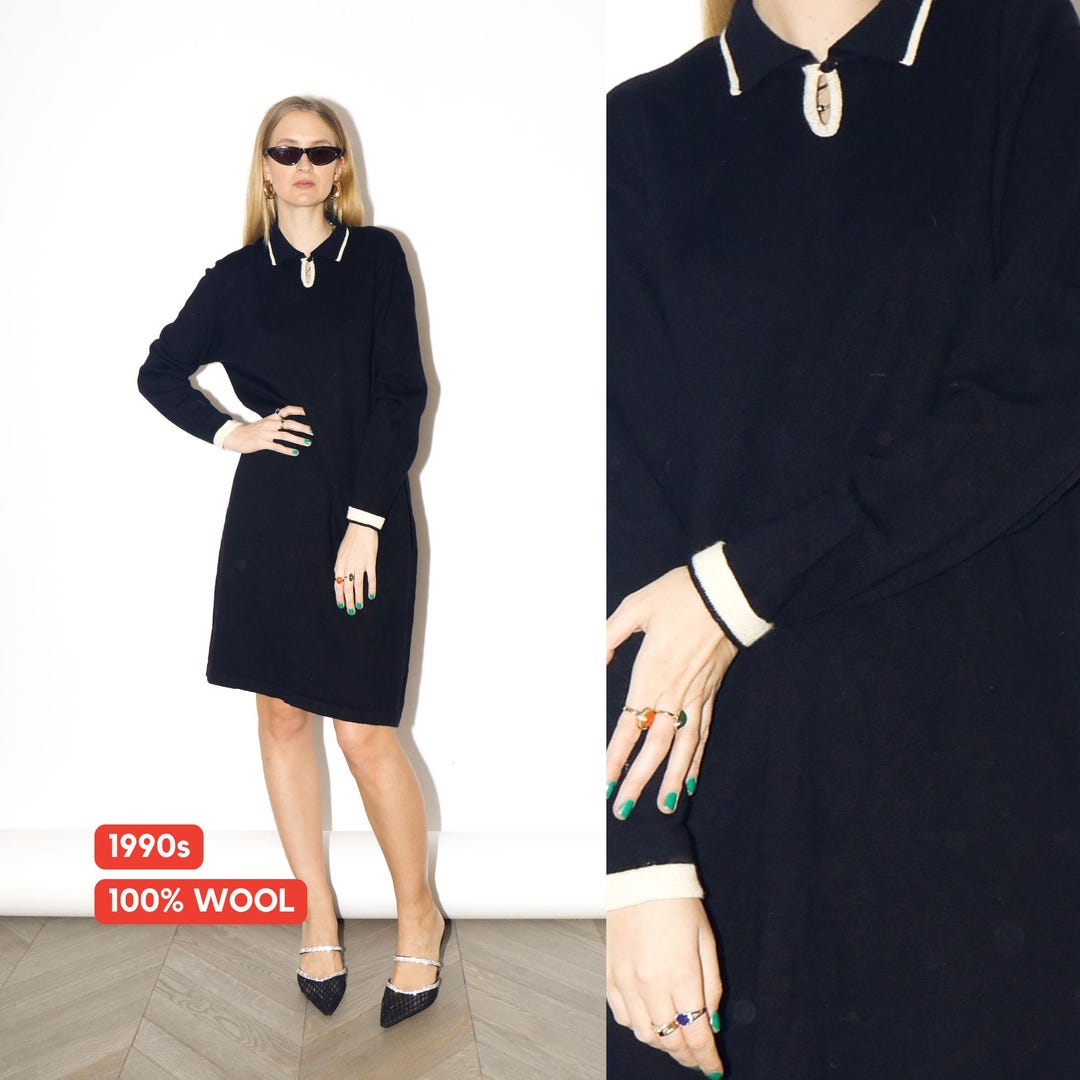 VINTAGE Black Wool Dress From 1990s Black Mini Dress by Clifford