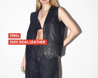 VINTAGE Black Leather Vest from 1980s | Oversized Biker Waistcoat w/Snap Buttons