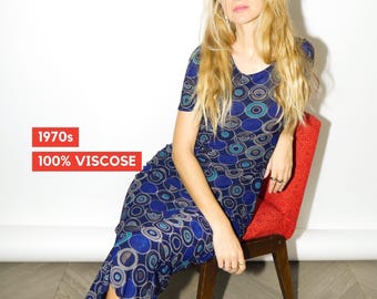 VINTAGE viscose midi dress 70s | retro bodycone dress | navy retro dress | 70s viscose dress | onesize