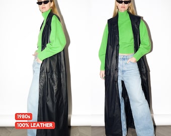 VINTAGE zwart leren maxi-vest uit de jaren 80 | Lang leren gilet in Matrix-stijl