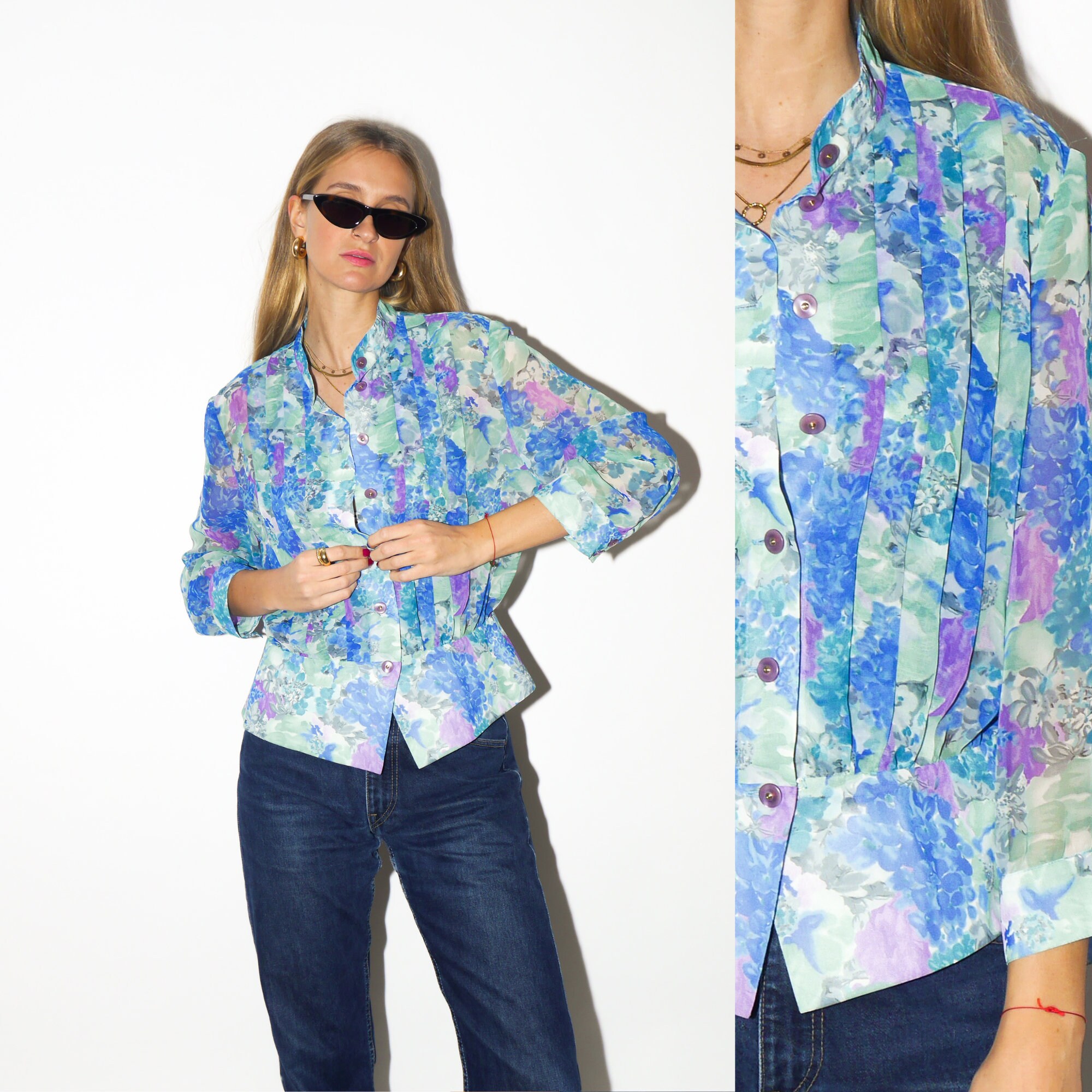 VINTAGE shirt 1980s | vintage peplum shirt | blue purple and green floral pattern shirt | semi sheer shirt | shirt with peplum | oversize