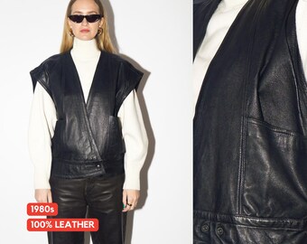 VINTAGE zwart leren vest uit de jaren 80 | Oversized zwart leren gilet