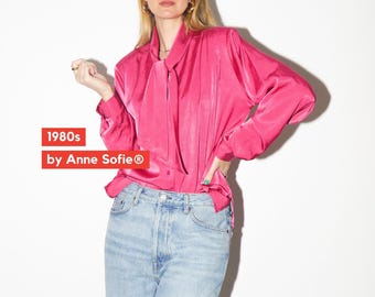 VINTAGE Pink Blouse from 1980s | Deep Pink Shiny Oversize Shirt by Anne Sofie