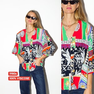 VINTAGE 100% Viskose Hemd 1980er Jahre | Creation Harmante Viskose 3/4 Arm Bluse | Shirt mit V-Ausschnitt | buntes vintage Hemd | Schulterpolster
