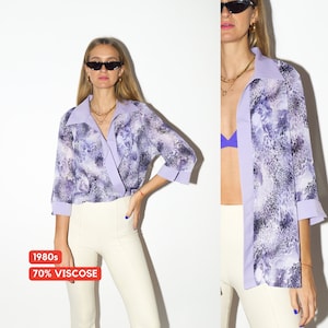 VINTAGE viscose shirt 1980s | vintage shirt | vintage blouse | purple vintage shirt | women&#39;s shirt | animal print | premium vintage