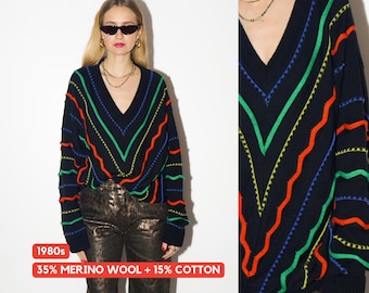 Maglione VINTAGE, pullover nero oversize in lana merino e cotone degli anni '80