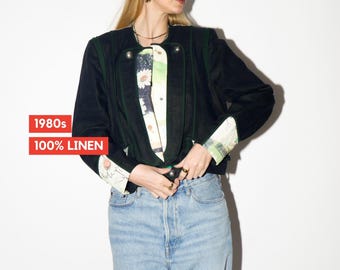 VINTAGE Navy Linen Blazer from 1980s | Cropped Folk Blazer by Studio Umberto