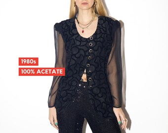 Blusa negra VINTAGE de los años 80 con elegantes mangas largas transparentes y estampado de terciopelo