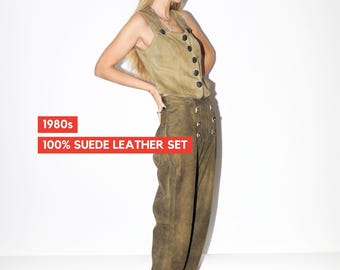 Conjunto vintage de ante austriaco beige con botones folk y espalda de corsé de los años 80 de Julius Lang