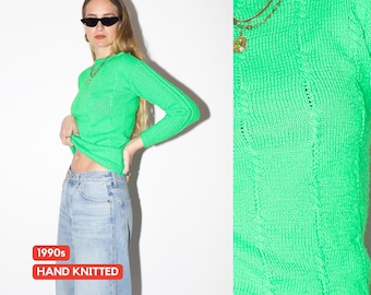 VINTAGE Neon Green Hand Knitted Sweater from 1990s |  Handmade Sweater