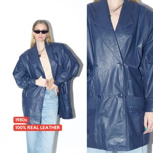 VINTAGE navy blue leather jacket from the 1980s by Renoma in oversize fit