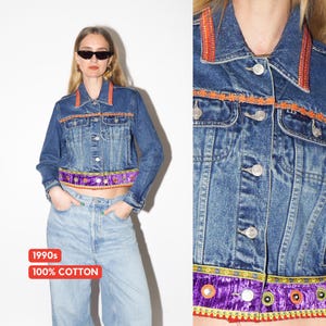 VINTAGE Cropped Jeans Jacket with Hippie Boho Elements from 1990s