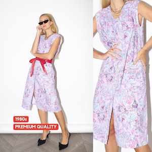 1980er Jahre Baumwollkleid - Vintage Oversize Ärmelloses Kleid mit Abstrakten Mustern und Front-Taschen, Retro-Modekleidung für Damen
