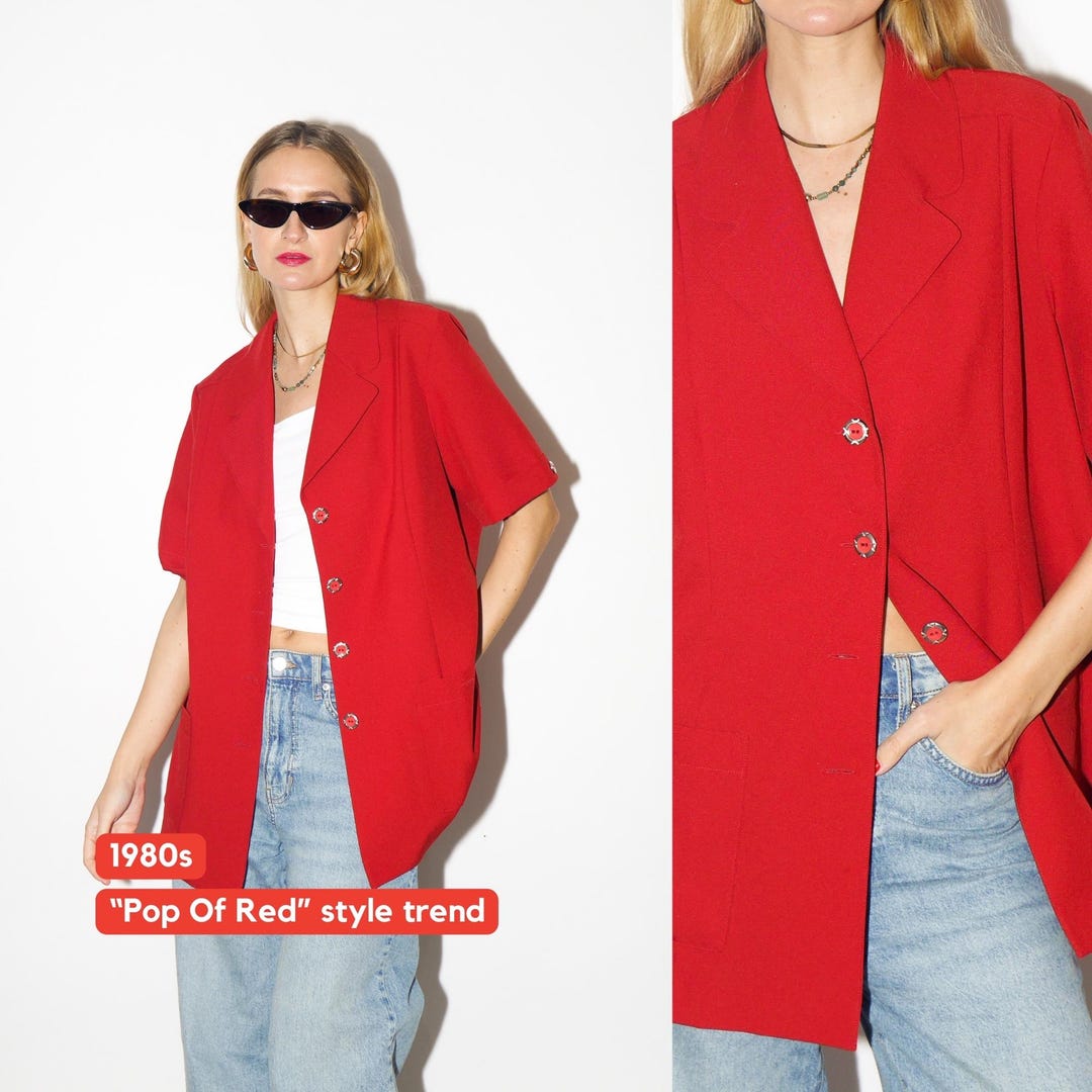 Vintage 80s Pleated Red Blazer|Minimalist  Workwear Office Jacket