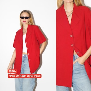 VINTAGE red blazer from 1980s, long blazer with short sleeve and gold buttons