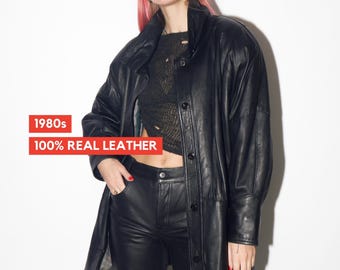 VINTAGE black leather jacket 1980s | super soft leather oversize jacket | black vintage leather jacket | Hailey Bieber leather jacket