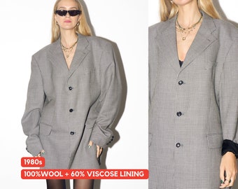 VINTAGE blazer 100% lana 1980s / blazer de pura lana nueva / blazer gris dogtooth / forro de viscosa / blazer vintage de lana oversize
