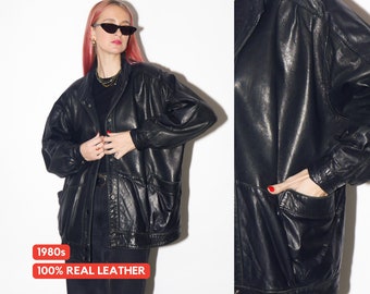 VINTAGE black leather jacket 1980s from UK | black vintage leather jacket | Hailey Bieber leather jacket | retro jacket | oversize jacket