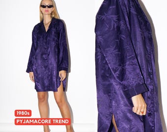 1980s Purple Pyjama Style Dress - Vintage Shiny Short Dress, Plum Oversize Retro Dress, Retro Fashion Clothing for Women