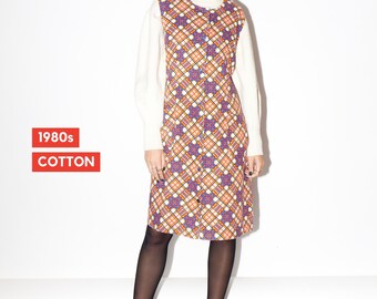 Vestido vintage sin mangas de algodón a cuadros naranja y beige de los años 80 de Miloty