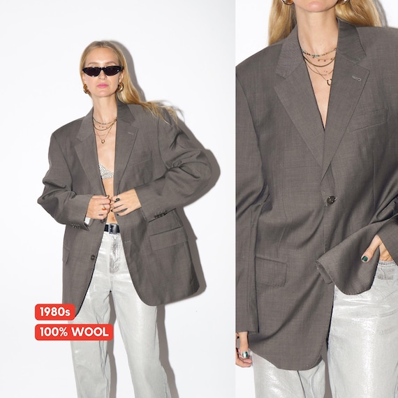 1990s Grey Wool Suit Blazer - Vintage Oversize Blazer With