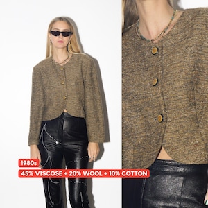 VINTAGE khaki tweed blazer from 1980s made of viscose, wool and cotton blend