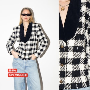 VINTAGE Houndstooth Blazer from 1980s with Black Velvet Collar with Viscose