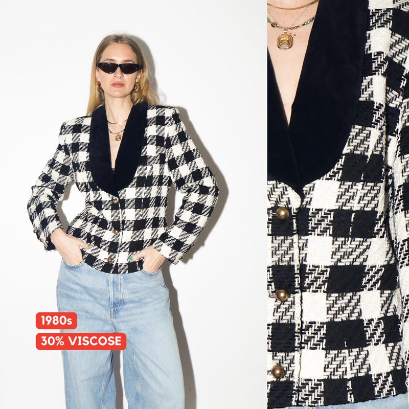 80’s Black and White Houndstooth Blazer with Velvet Collar by Evan Piccone