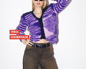 Suéter morado vintage hecho a mano de los años 80 / suéter corto morado cálido vintage