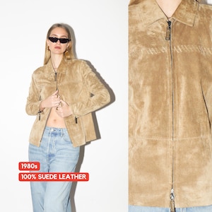 Blouson en daim beige VINTAGE des années 1980 | Veste en cuir à double fermeture éclair Betty Barkley