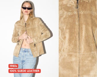 VINTAGE Beige Suede Jacket from 1980s | Betty Barkley Double Zip Leather Jacket