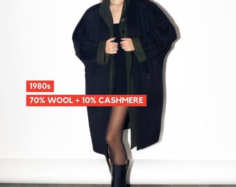 Abrigo vintage oversize de lana y cachemir en gris oscuro y verde bosque de los años 80