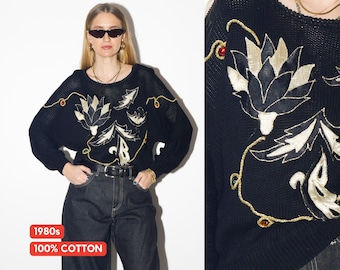 VINTAGE black oversize cotton sweater from 1980s with gold embroidery