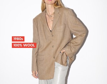 Blazer à chevrons en laine crème des années 1980 - blazer beige oversize vintage avec motif tissé par Benenuto, vêtements de mode rétro pour femme
