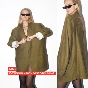 VINTAGE 100% wool blazer 1980s by Daniel Hechter | pure new wool blazer | olive herringbone blazer | vintage oversized wool blazer
