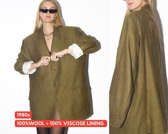 VINTAGE 100% wool blazer 1980s by Daniel Hechter | pure new wool blazer | olive herringbone blazer | vintage oversized wool blazer