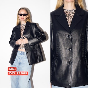 VINTAGE Black Leather Jacket from 1980s | Vintage Black Leather Oversize Blazer
